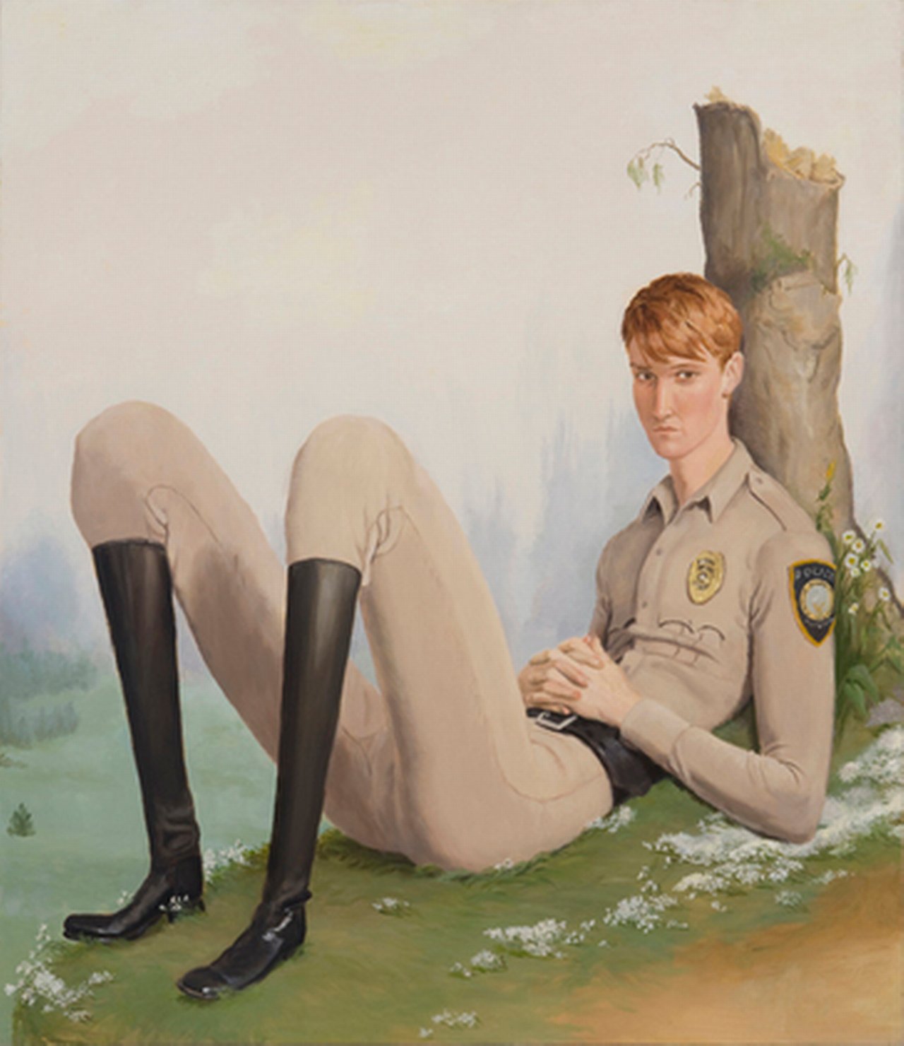 Jansson Stegner, ${esc.q}Cop Leaning on a Tree,${esc.q} 2010, oil on linen